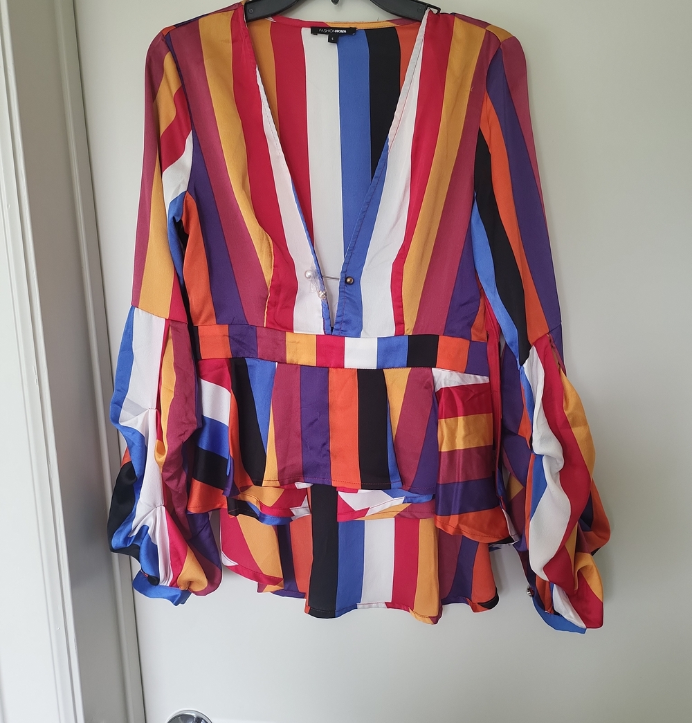 Fashion Nova Multicolor Vertical Stripe V-Neck Peplum Blouse